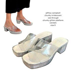 JEFFREY CAMPBELL CLEAR GLITTER PLATFORM CHUNKY IRRIDESCENT SPARKLE SANDALS SZ. 8